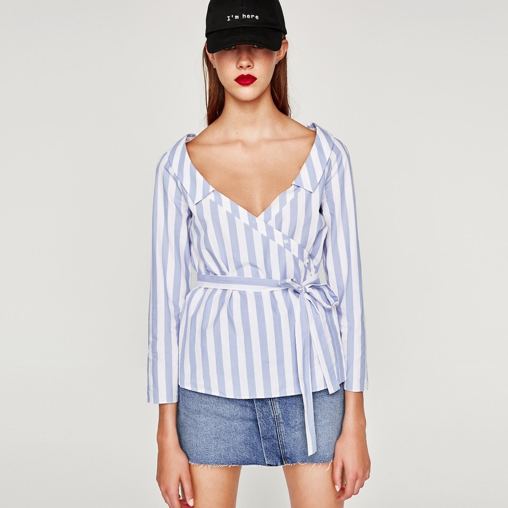 ZARA Vneck size M blue and white stripe wrap shirt